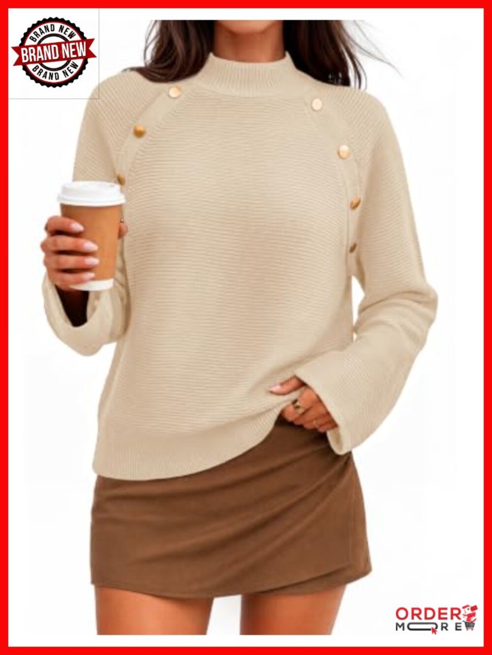 Mock Neck Ribbed Knit Pullover Sweater Gold Button Shoulder Long Sleeve